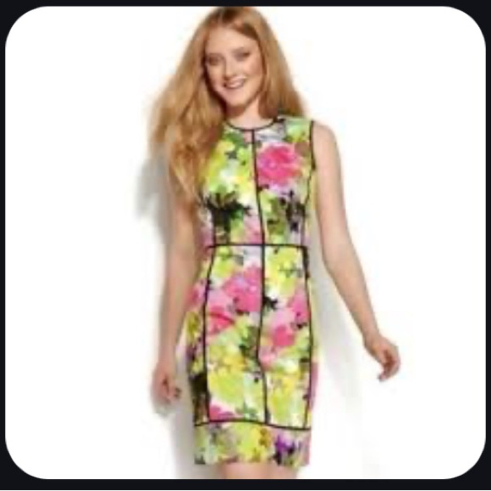 Calvin Klein sleeveless sheath dress with a colorful watercolor floral pattern